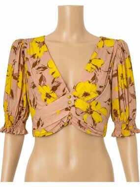 Privy Blouse Womens Small Yellow Floral Pink Cropped Long Sleeve Boho Top Ruched